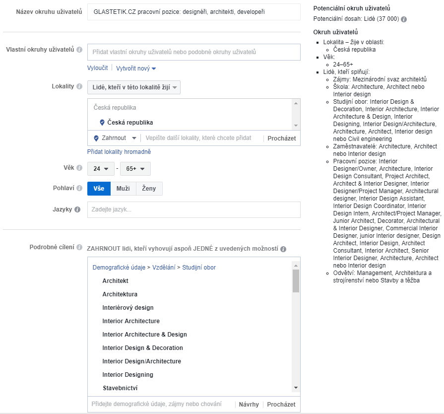 Ukázka cílení na Facebooku